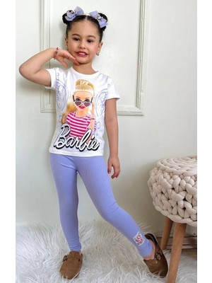 3 Iplik Dokuma Pamuk Kumaş Trend Baskılı T-Shirt & Dokuma Taytlı Kız Çocuk Alt Üst Takım