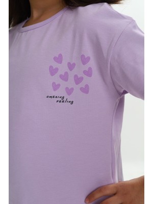 Toontoy Kız Çocuk Göğsü Çok Kalp Baskılı Tişört