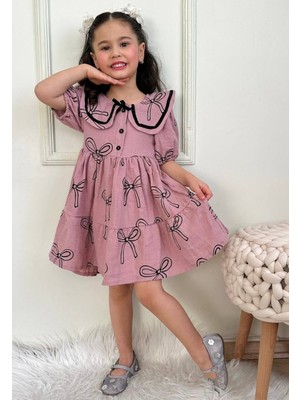 Pamuk Kumaş Kısa Kollu Fiyonk Baskılı Bebe Yaka Kız Çocuk Bebek Elbise