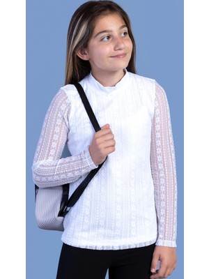 Toontoy Kız Çocuk Önü Dantelli Okul Tişört