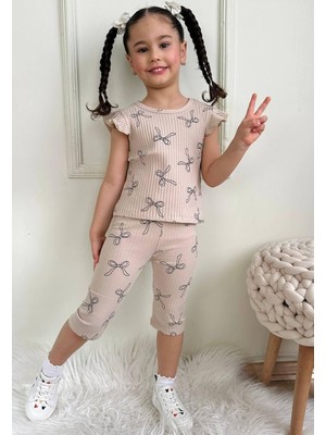 Deniz Home Wear Kaşkorse Dokuma Pamuk Kumaş Kız Çocuk Kısa Kollu Kapri Takım