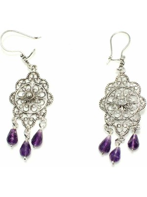 Nusret Takı Kubbe Modeil Ametist Taşlı 925 Ayar Gümüş  Telkari Küpe