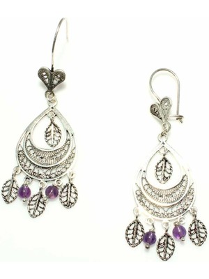 Nusret Takı 925 Ayar Gümüş Çift Hilal Modeli Ametist Taşlı Küpe