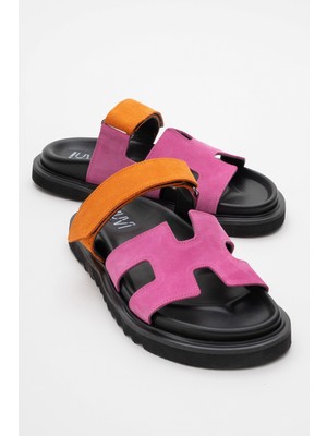 Luvi Morte Fuşya-Turuncu Süet Hakiki Deri Kadın Terlik
