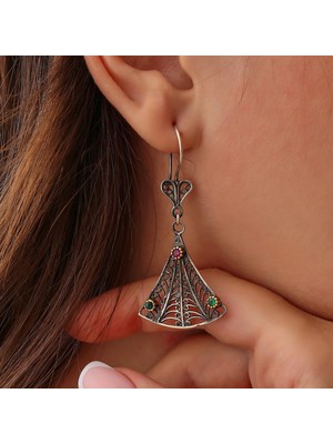 Nusret Takı Yelpaze Modeli 925 Ayar Gümüş Taşlı Telkari Küpe