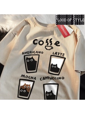 Tarz Sokak Eğlenceli Kahve Kedi Baskı Japon Tarzı Erkek Kadın T-Shirt Pamuk % Bol Tişört Pamuk Streetwea
