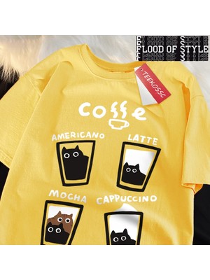 Tarz Sokak Eğlenceli Kahve Kedi Japon Tarzı Erkek Kadın T-Shirt Boy Tshirt Nefes Gevşek Kısa Kollu Tee E