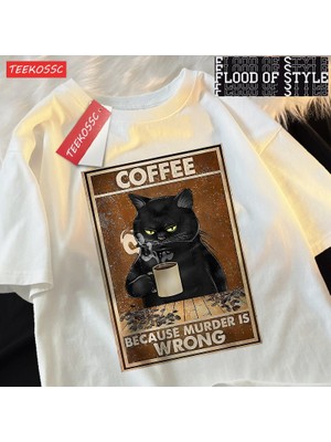 Tarz Sokak Çünkü Cinayet Yanlış Siyah Kedi Kahve Içmek Giyim Erkek Kadın Sokak Büyük Boy T Shirt Nefes P
