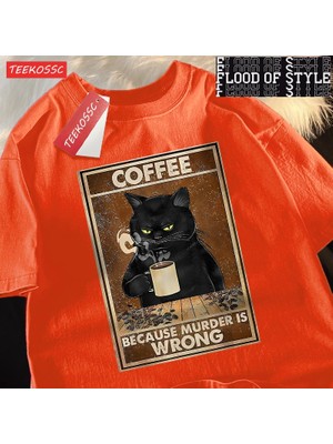 Tarz Sokak Çünkü Cinayet Yanlış Siyah Kedi Kahve Içmek Giyim Erkek Kadın Sokak Büyük Boy T Shirt Nefes P