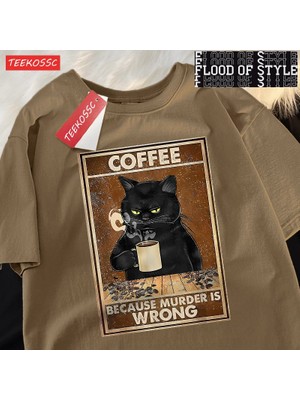 Tarz Sokak Çünkü Cinayet Yanlış Siyah Kedi Kahve Içmek Giyim Erkek Kadın Sokak Büyük Boy T Shirt Nefes P