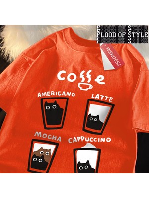Tarz Sokak Eğlenceli Kahve Kedi Japon Tarzı Erkek Kadın T-Shirt Boy Tshirt Nefes Gevşek Kısa Kollu Tee E
