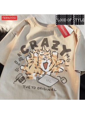 Tarz Sokak Çılgın Turuncu Kedi Açık Yeşil Komik Kedi Çalışma Omuz Damla Kısa Kollu Tişört Kadınlar Için