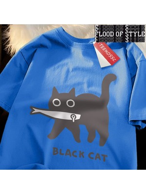 Tarz Sokak Eğlenceli Bir Siyah Kedi Balık Yeme Japon Tarzı Erkek Kadın T-Shirt Moda Baskı T Shirt Nefes
