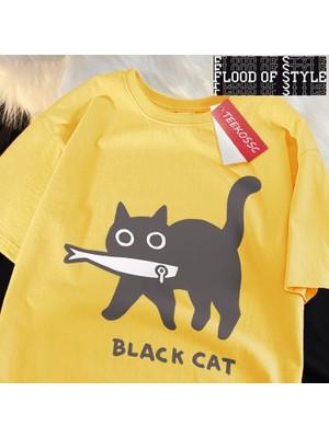 Tarz Sokak Eğlenceli Bir Siyah Kedi Balık Yeme Japon Tarzı Erkek Kadın T-Shirt Moda Baskı T Shirt Nefes