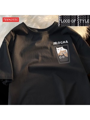 Tarz Sokak Mocha Latte Çift Kıyafeti Kedi Kahve Çift Erkek T-Shirt Grafik Serin Tee Gömlek Yüksek Kalite