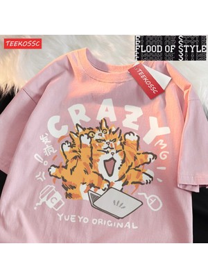 Tarz Sokak Çılgın Turuncu Kedi Açık Yeşil Komik Kedi Çalışma Omuz Damla Kısa Kollu Tişört Kadınlar Için