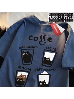 Tarz Sokak Eğlenceli Kahve Kedi Baskı Japon Tarzı Erkek Kadın T-Shirt Pamuk % Bol Tişört Pamuk Streetwea