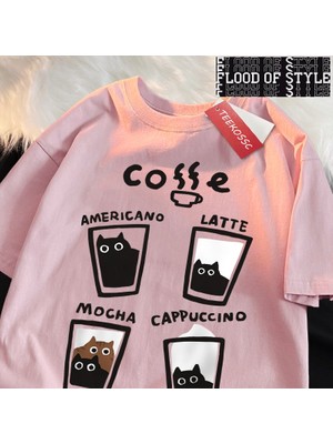 Tarz Sokak Eğlenceli Kahve Kedi Baskı Japon Tarzı Erkek Kadın T-Shirt Pamuk % Bol Tişört Pamuk Streetwea
