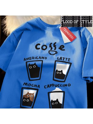Tarz Sokak Eğlenceli Kahve Kedi Baskı Japon Tarzı Erkek Kadın T-Shirt Pamuk % Bol Tişört Pamuk Streetwea