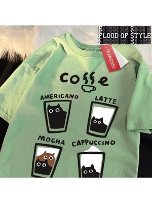 Tarz Sokak Eğlenceli Kahve Kedi Baskı Japon Tarzı Erkek Kadın T-Shirt Pamuk % Bol Tişört Pamuk Streetwea