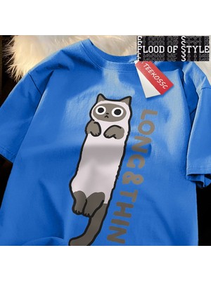 Tarz Sokak Eğlenceli Ince Gri Kedi Baskı Japon Tarzı Giysi Adam Rahat Gevşek Tişörtleri O-Boyun Yaz T-Sh