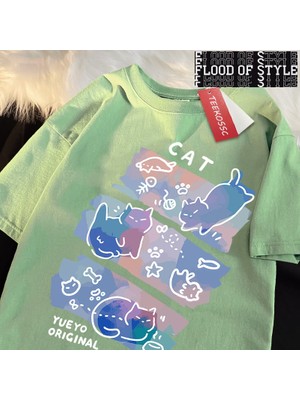 Tarz Sokak Eğlenceli Yaramaz Kedi Baskı Japon Tarzı T-Shirt Erkek Kadın Moda T Shirt Nefes Yazlık T-Shir