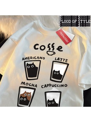 Tarz Sokak Eğlenceli Kahve Kedi Baskı Japon Tarzı Erkek Kadın T-Shirt Pamuk % Bol Tişört Pamuk Streetwea