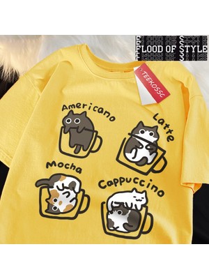 Tarz Sokak Amerikan Tarzı Kahve Kedi Baskı T-Shirt Adam Rahat Pamuklu Tişört Yaz Nefes Tee Giyim Rahat G