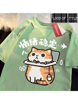 Tarz Sokak Duygusal Istikrar Eğlenceli Kedi Japon Tarzı Erkek T Shirt Yüksek Kalite Tshirt Yaz Pamuklu Ü
