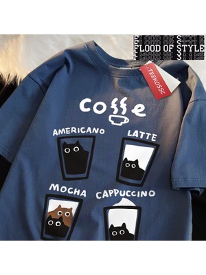 Tarz Sokak Eğlenceli Kahve Kedi Japon Tarzı Erkek Kadın T-Shirt Boy Tshirt Nefes Gevşek Kısa Kollu Tee E