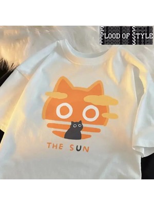 Tarz Sokak 2024 Yaz Fan Kedi ve Kadın Pamuk Baskılı Anime Komik Erkek Tişört Hip Hop Moda Rahat Artı Boy
