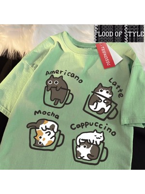 Tarz Sokak Amerikan Tarzı Kahve Kedi Baskı T-Shirt Adam Rahat Pamuklu Tişört Yaz Nefes Tee Giyim Rahat G