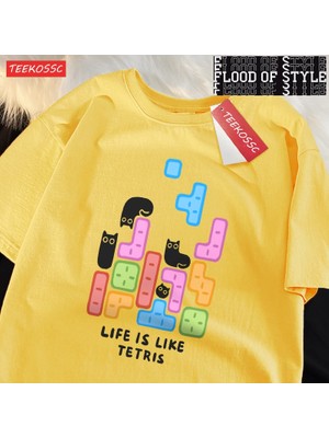 Tarz Sokak Blok Siyah Kedi Sevimli Küçük Catmale T-Shirt Grafik Pamuklu Tişörtler Yüksek Kaliteli Serin