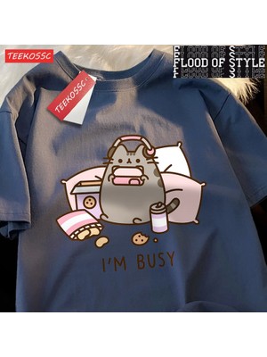 Tarz Sokak Üzgünüm Ben Meşgul Kedi Kulaklıklar ile Oyun Oynarken Adam T Shirt Yüksek Kalite Marka Giyim