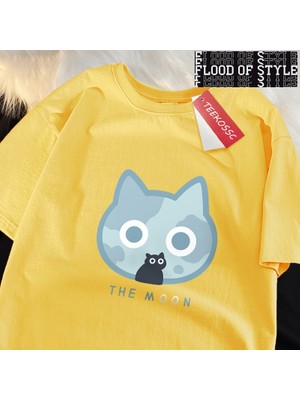Tarz Sokak Ay Mavi Kedi Eğlenceli Japon Tarzı Erkek Kadın T-Shirt Pamuk Boy Kısa Kollu Gömlek Bol Tişört