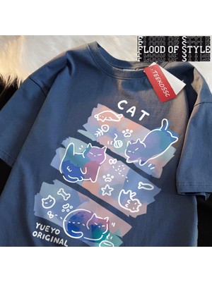 Tarz Sokak Eğlenceli Yaramaz Kedi Baskı Japon Tarzı T-Shirt Erkek Kadın Moda T Shirt Nefes Yazlık T-Shir