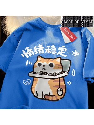 Tarz Sokak Duygusal Istikrar Eğlenceli Kedi Japon Tarzı Erkek T Shirt Yüksek Kalite Tshirt Yaz Pamuklu Ü