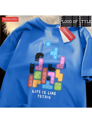 Tarz Sokak Blok Siyah Kedi Sevimli Küçük Catmale T-Shirt Grafik Pamuklu Tişörtler Yüksek Kaliteli Serin