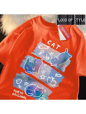 Tarz Sokak Eğlenceli Yaramaz Kedi Baskı Japon Tarzı T-Shirt Erkek Kadın Moda T Shirt Nefes Yazlık T-Shir