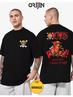Tarz Sokak One Piece Straw Hat Monkey D. Luffy Ön Arka Baskılı Unisex Oversize Siyah