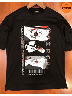 Tarz Sokak Naruto Kakashi Hatake Mangekyou Sharingan Baskılı Oversize Siyah