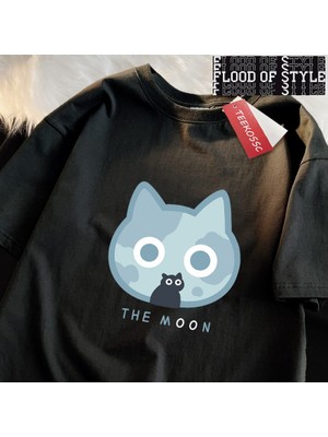 Tarz Sokak Ay Mavi Kedi Eğlenceli Japon Tarzı Erkek Kadın T-Shirt Pamuk Boy Kısa Kollu Gömlek Bol Tişört