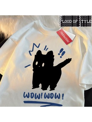 Tarz Sokak Wow Wow Eğlenceli Siyah Kedi Baskı Japon Tarzı Erkek Kadın Üst Moda T Shirt Pamuk Bol Tişört