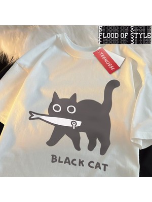 Tarz Sokak Eğlenceli Bir Siyah Kedi Balık Yeme Japon Tarzı Erkek Kadın T-Shirt Moda Baskı T Shirt Nefes