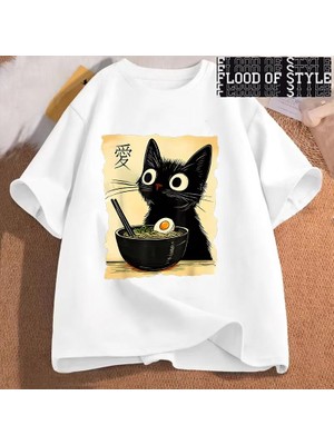 Tarz Sokak Komik Kedi Ramen Grafik Tee Japon Kawaii Anime Kedi T-Shirt Moda T-Shirt Kısa Kollu Elbise Tr
