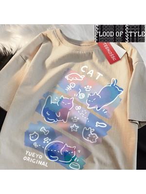 Tarz Sokak Eğlenceli Yaramaz Kedi Baskı Japon Tarzı T-Shirt Erkek Kadın Moda T Shirt Nefes Yazlık T-Shir