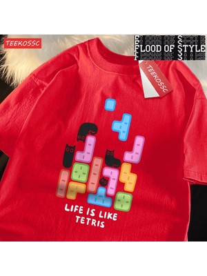 Tarz Sokak Blok Siyah Kedi Sevimli Küçük Catmale T-Shirt Grafik Pamuklu Tişörtler Yüksek Kaliteli Serin