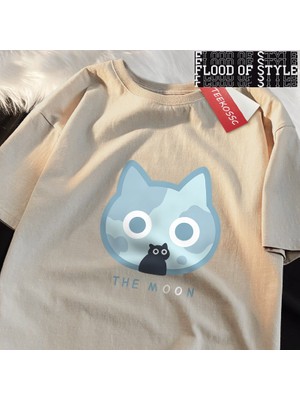 Tarz Sokak Ay Mavi Kedi Eğlenceli Japon Tarzı Erkek Kadın T-Shirt Pamuk Boy Kısa Kollu Gömlek Bol Tişört