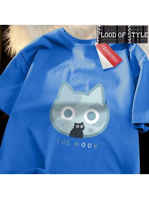 Tarz Sokak Ay Mavi Kedi Eğlenceli Japon Tarzı Erkek Kadın T-Shirt Pamuk Boy Kısa Kollu Gömlek Bol Tişört