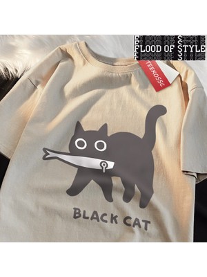 Tarz Sokak Eğlenceli Bir Siyah Kedi Balık Yeme Japon Tarzı Erkek Kadın T-Shirt Moda Baskı T Shirt Nefes